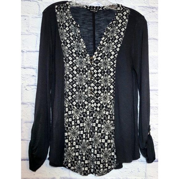 Lucky Brand Top Womens Size M Black Floral Geometric Colorblock Semi Sheer Boho - Picture 1 of 8